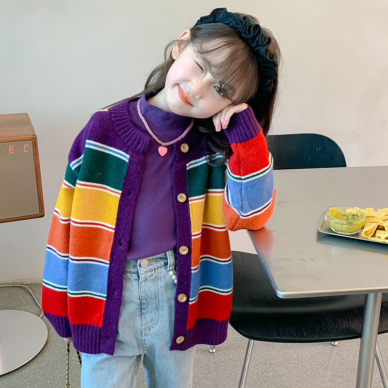 女童毛衣开衫春秋款2023新款洋气秋装儿童针织R衫外套小女孩上衣