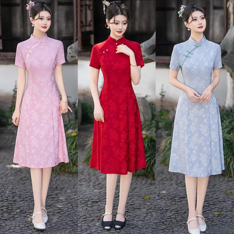 高端改良版旗袍连衣裙子中国风女装2025年新款夏季法式中长款粉色