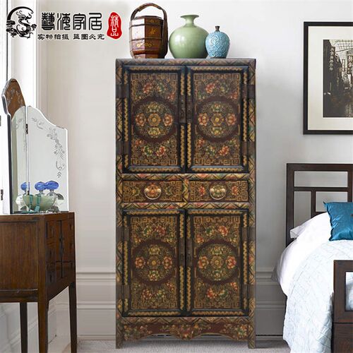 中式古典角柜实木彩绘做旧餐边柜储物柜立柜餐边柜茶水柜中式衣柜