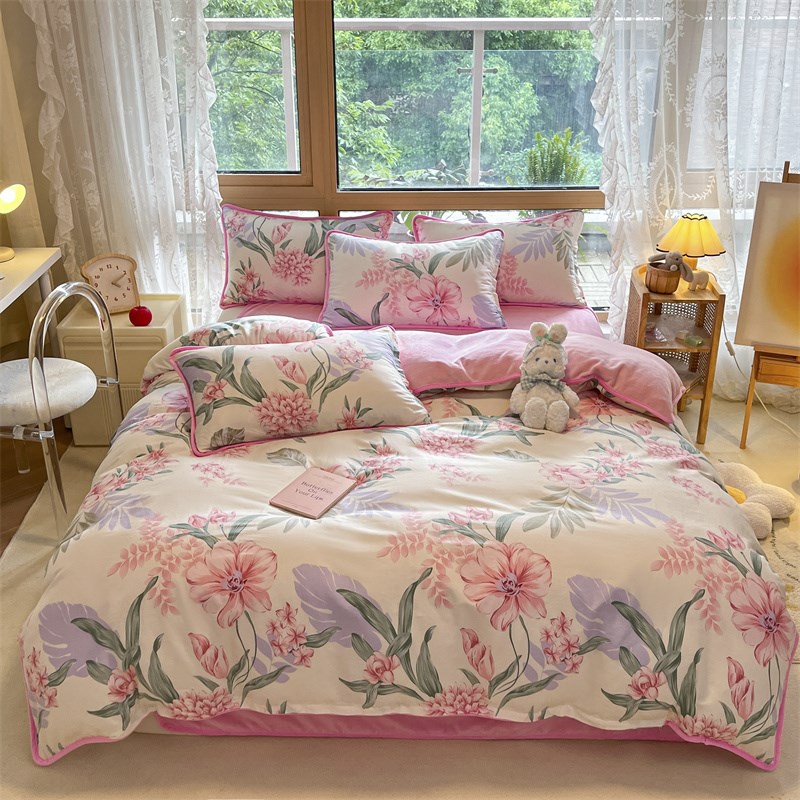 棉加绒被套a面纯棉b面牛奶绒加厚法兰绒保暖单双人小清新冬季被罩