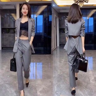 网红爆款西服套装女2024春秋新款时尚漏背西装外套小脚裤两件套潮