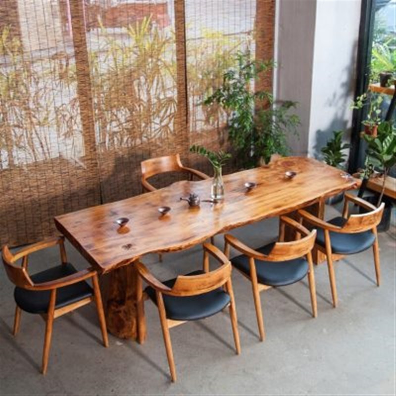 实木自然边复古功夫茶桌椅组合餐桌会议桌原木办公大板长条桌