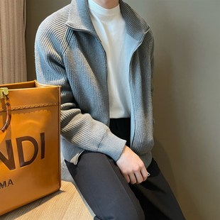 立领宽松休闲加绒学院风纯色毛衣外套加厚款潮男双拉链针织衫夹克