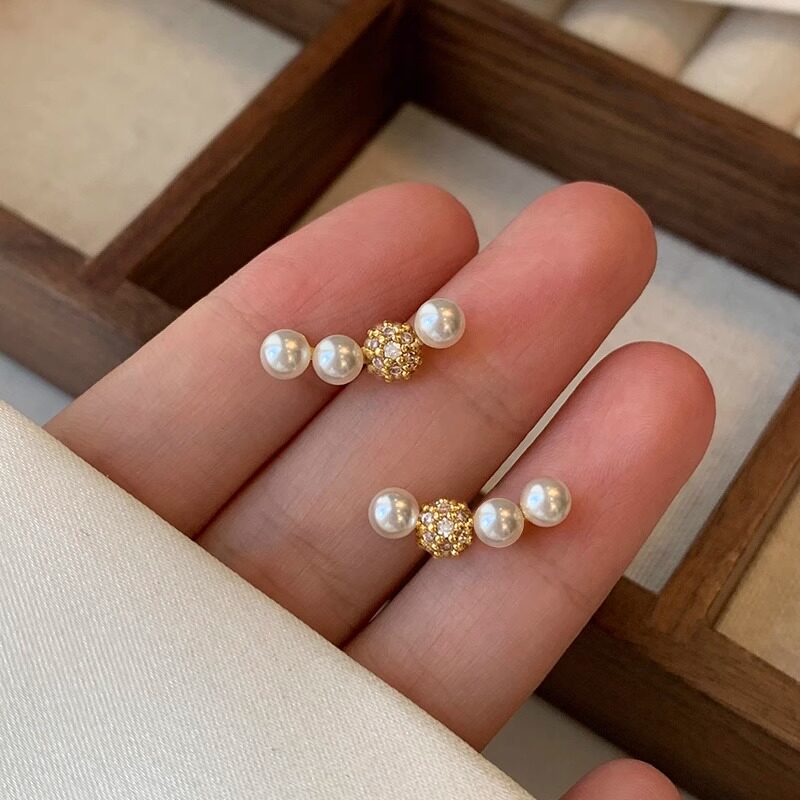 FENGLINYA 微笑一字弧形珍珠耳钉纯银女高级感独特小众耳环饰
