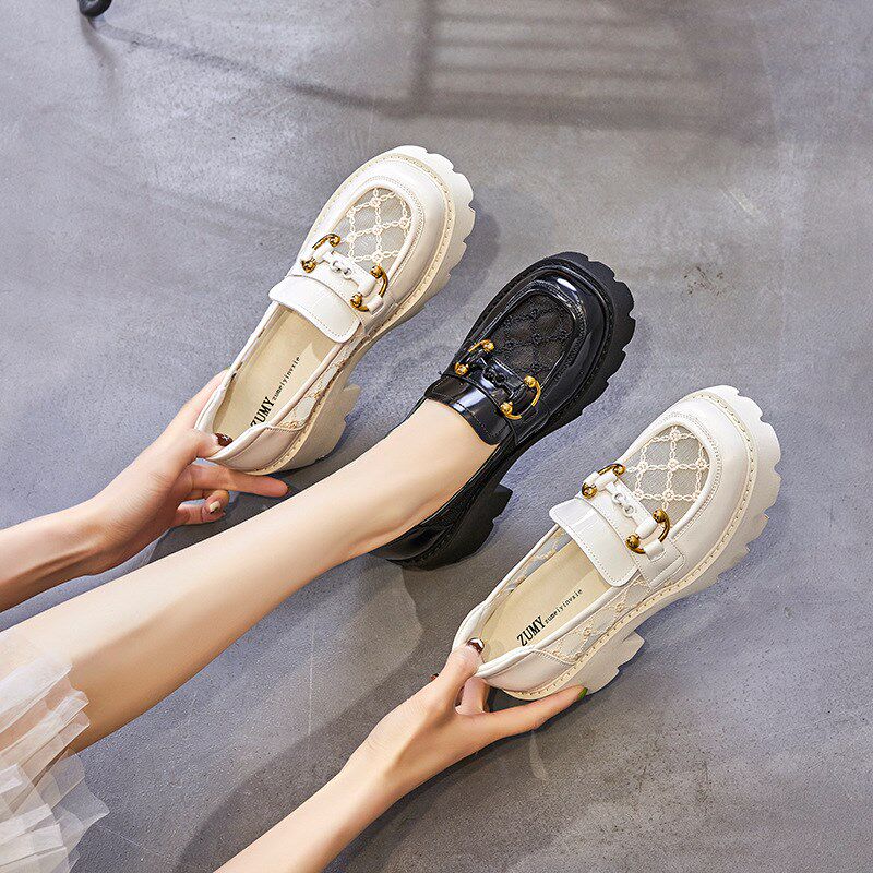 浅口网纱英伦风一脚蹬2025夏季新款百搭厚底高跟显瘦透气女生单鞋