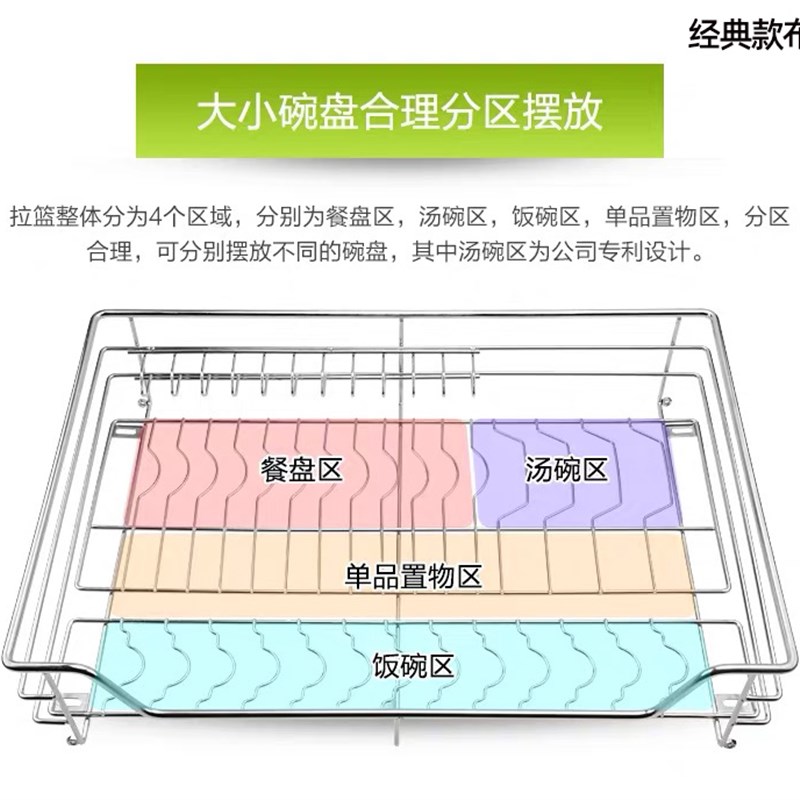 单层304不锈钢碗碟盘架拉篮厨房橱柜拉蓝栏抽屉开门式调味阻尼轨