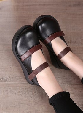 682厚底单鞋松糕鞋妈妈鞋手工皮鞋浅口单鞋圆头春新款妈妈鞋软底