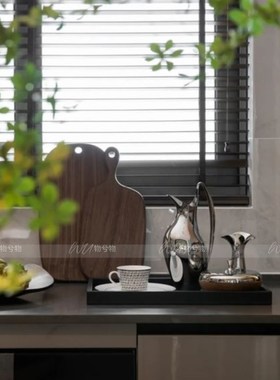 WU.物兮物 现代样板间厨房托盘饰品摆件组实木砧板餐板果盘咖啡壶