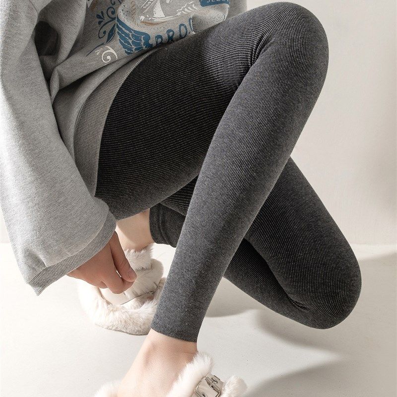 九分条纹灰色打底裤女秋冬加绒加厚外穿胖mm大码连裤袜显瘦不掉档