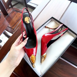 金属扣方头高跟凉鞋2024秀场走秀新款细跟后空浅口宝石高级感女鞋