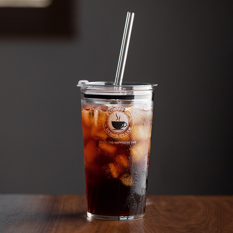 吸管杯耐高温玻璃杯冰美式咖啡杯女生夏季饮料杯大人带盖喝水杯子