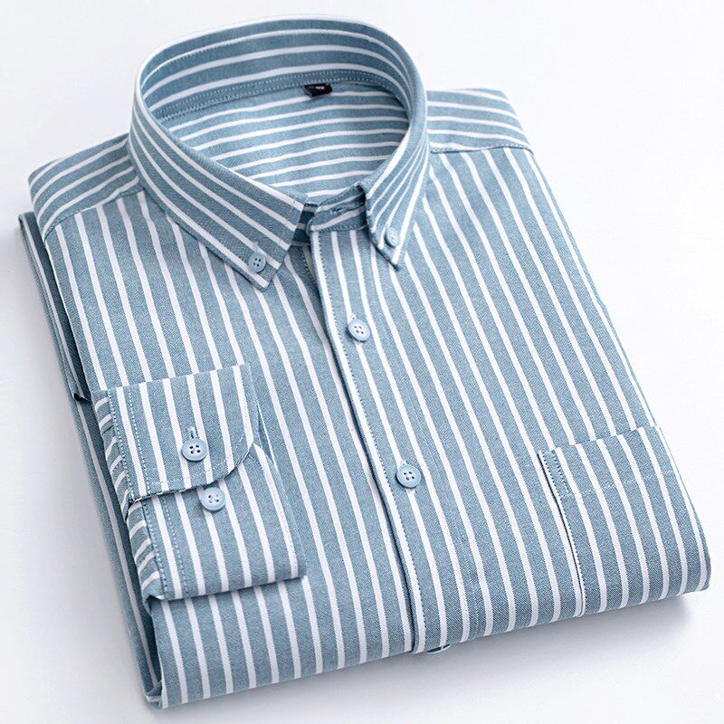 春秋季纯棉男衬衣长袖绿色竖条纹衬衫潮流日系简约全棉牛津纺寸衫