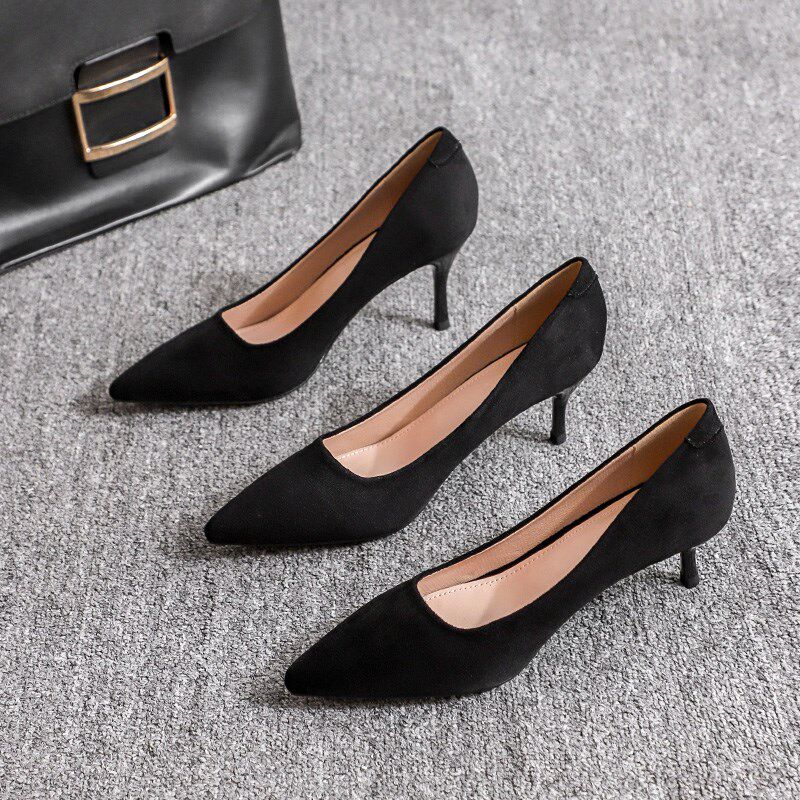 黑色高跟鞋女2024年新款尖头细跟百搭职业工O作鞋春夏礼仪绒面单