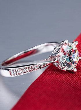 18K铂金莫桑石六爪戒指女1克拉仿真微镶钻戒简约R结婚戒女pt950