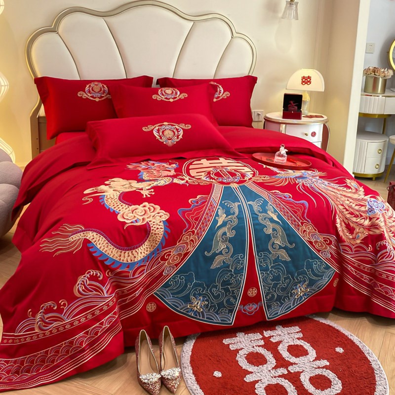 高级感中式结婚四件套红色纯棉床单龙凤刺绣被套喜被婚庆床上用品