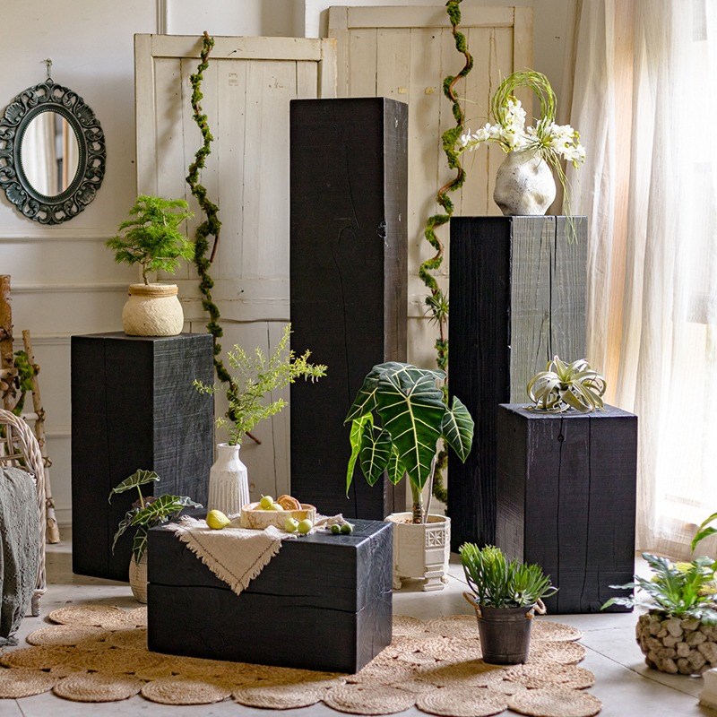 实木碳化木墩摆件方形底座民宿侘寂风花架客厅边几木桩根雕矮凳