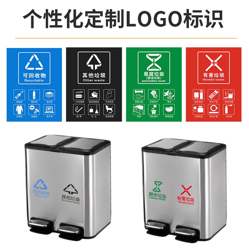 不锈钢方形脚踏分类家用厨房干湿分离垃圾桶双盖双桶