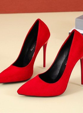 12厘米超高跟红色绒面新娘鞋伴娘道具床上大码42 43 44 45高跟鞋