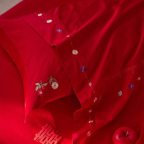 花开并蒂~婚庆100S全棉四件套A类纯棉结婚红色被套床单陪嫁娶床品