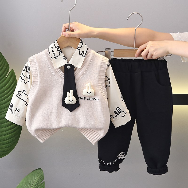 男童春秋款套装时髦儿童长袖衬衫帅气宝宝秋装毛衣马甲休闲三件套