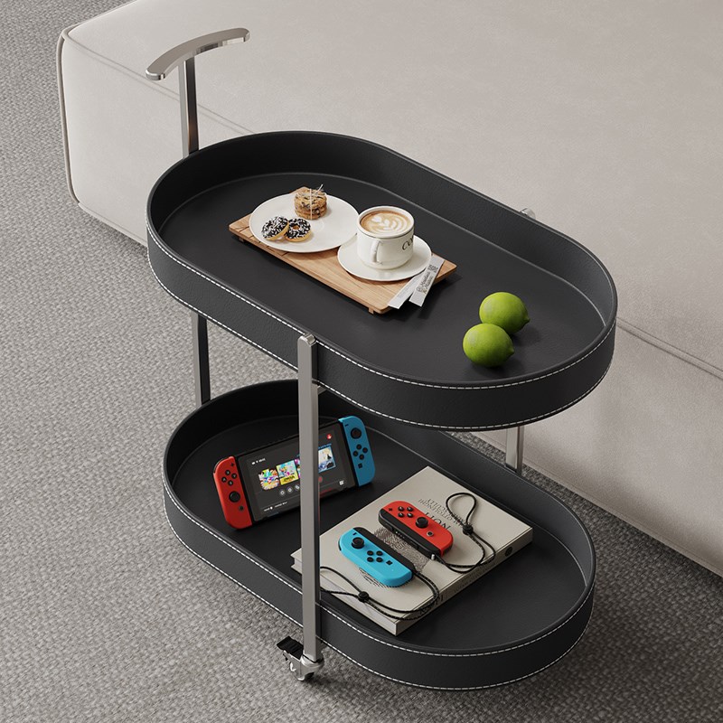 马鞍皮可移动推车现代简约沙发边带轮边几家用小户型椭圆形小茶几