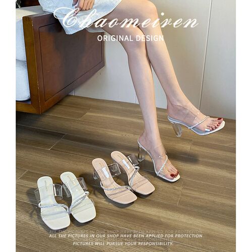 透明水晶粗跟凉拖鞋m女夏外穿2024新款时尚仙女风高跟一字带凉鞋
