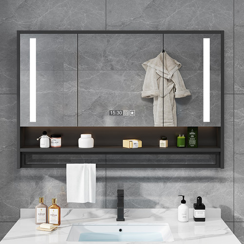 实木智能浴室镜柜带灯除雾卫生间浴室镜挂墙式洗手间镜子带置物架