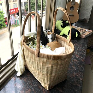 竹制品竹篮藤编手提收t纳篮超市买菜家用购物篮野餐提手菜篮