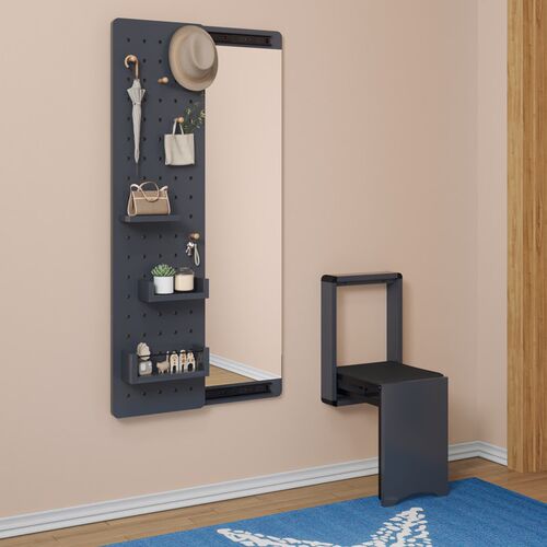 折叠隐形穿衣镜置物架带挂钩玄A关试衣全身镜洞洞板换鞋凳贴墙推