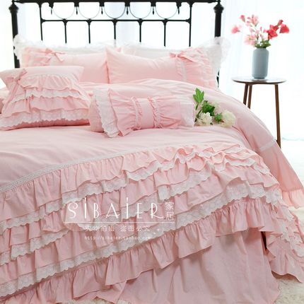 韩版公主风粉色蕾丝花边蝴蝶结床裙款纯棉全棉被套床上用品四件套