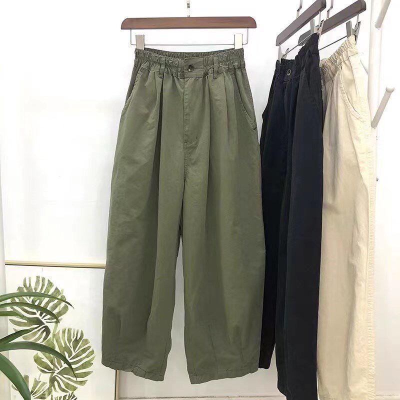 春秋纯棉女士阔腿裤宽松薄款松紧腰九分裤显瘦气球裤Y小个子工装