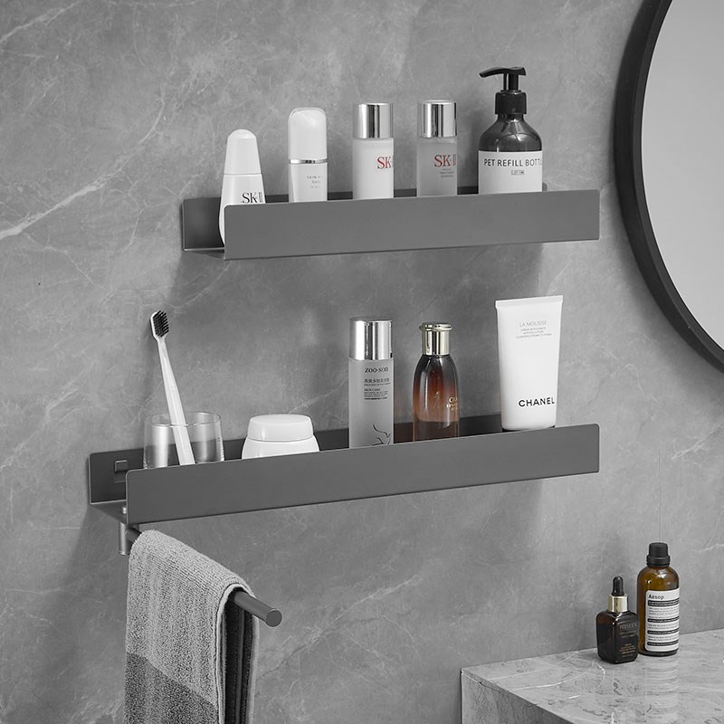 枪灰不锈钢卫生间置物架毛巾一体镜前厕所浴室墙上收纳架子免安装