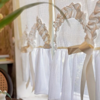 清新奶油色分片式门帘甜美风浪漫小窗帘透光不透人半帘隔断免打孔