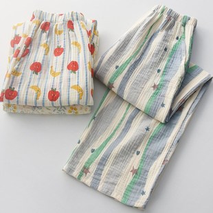 家居裤 蓝色条纹多巴胺睡裤 宽松双层长裤 纯棉纱布薄款 女士春夏季