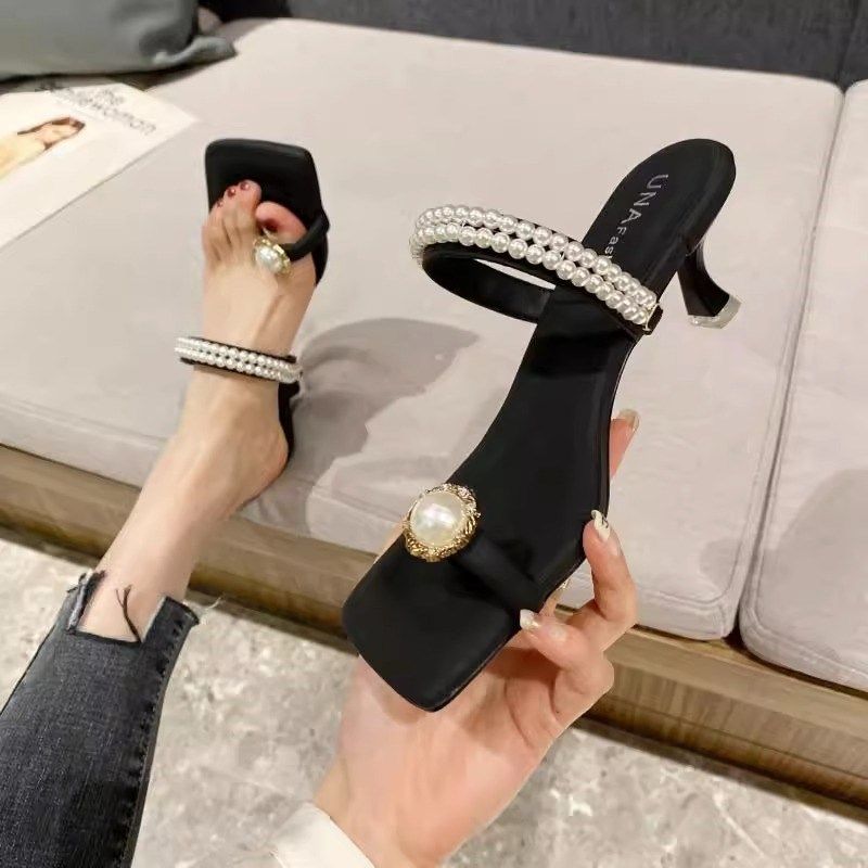 珍珠套趾拖鞋女外穿小高跟2024年夏季新款时尚细跟方头一字带凉拖,女鞋,一字拖,淘宝优惠券,粉丝福利购,淘宝优惠卷