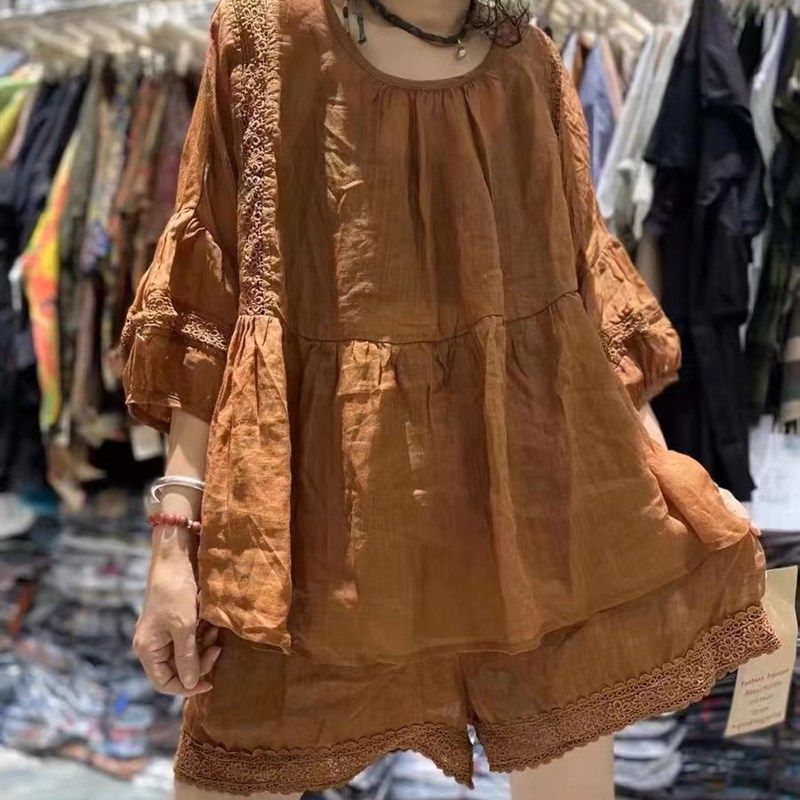 2024夏日系文艺轻薄苎麻清新小众设计减龄洋气娃娃款衬衫女套装,女装/女士精品,时尚套装,淘宝优惠券,粉丝福利购,淘宝优惠卷