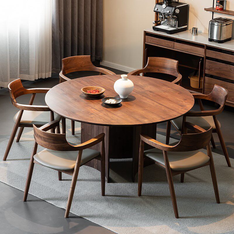 圆形大餐桌北美黑胡桃原木餐桌椅岩板实木转盘小户型圆桌意式简约