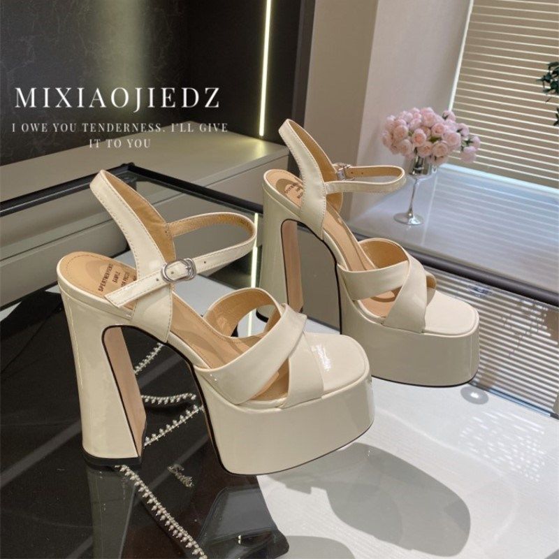 15cm高跟鞋子女2024新款爆款小个子防水台白色一字带气质粗跟凉鞋,女鞋,时装凉鞋,淘宝优惠券,粉丝福利购,淘宝优惠卷