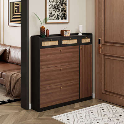 实木鞋柜进门中古风家用门口17cm超薄玄关大容量省空间胡桃色鞋架