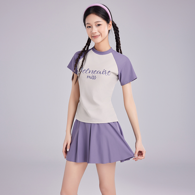 2025新款泳衣女大童初中生保守带胸垫分体裙式少女发育期高颜值