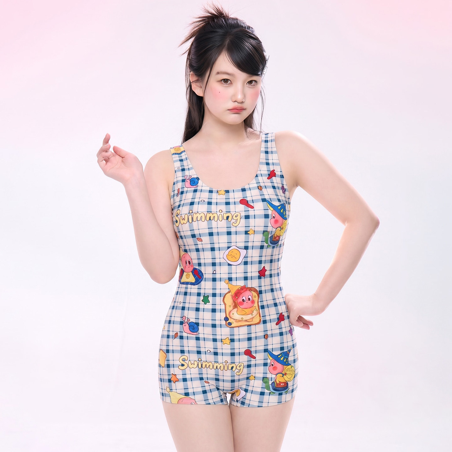 可爱格纹大码竞速连体泳衣女