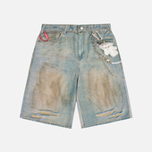 Neuink早秋新款 街头嘻哈印花滑板做旧破洞熊熊街舞牛仔短裤 男女