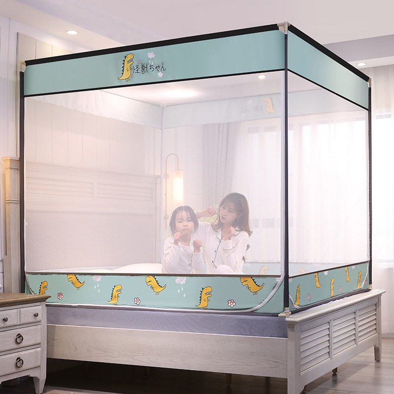 直播印花款床笠式 防掉坐床蚊帐全包加固铁艺方顶蚊帐厂家批发