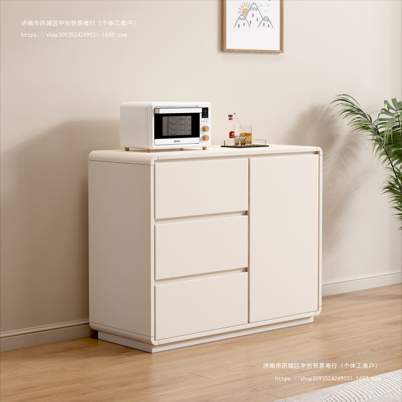 全实木圆角白色餐边柜靠墙一体柜现代简约橱柜奶油风客厅电视柜子