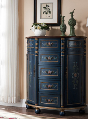 至高美式实木玄关柜轻奢三五斗柜半圆进门玄关桌走廊桌蓝色装饰柜