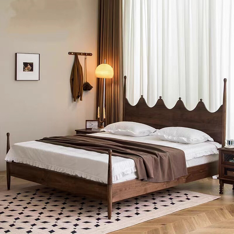 北欧黑胡桃木复古实木双人床卧室日式樱桃木原木1.8米大床