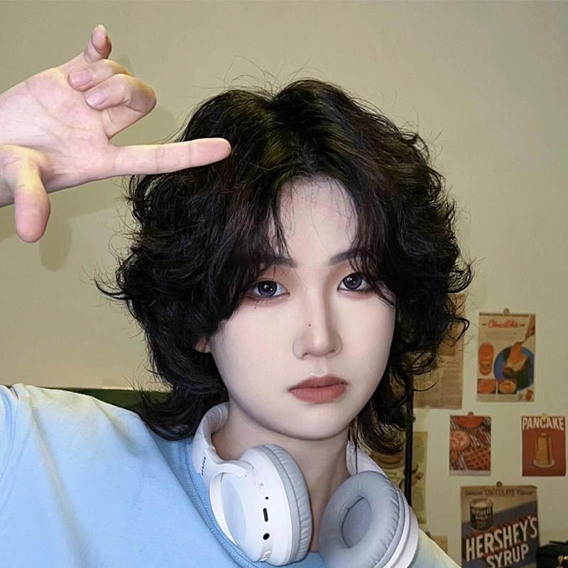 假发男网红鲻鱼头层次感时尚短卷发狼尾复古卷头套羊毛卷整顶发套