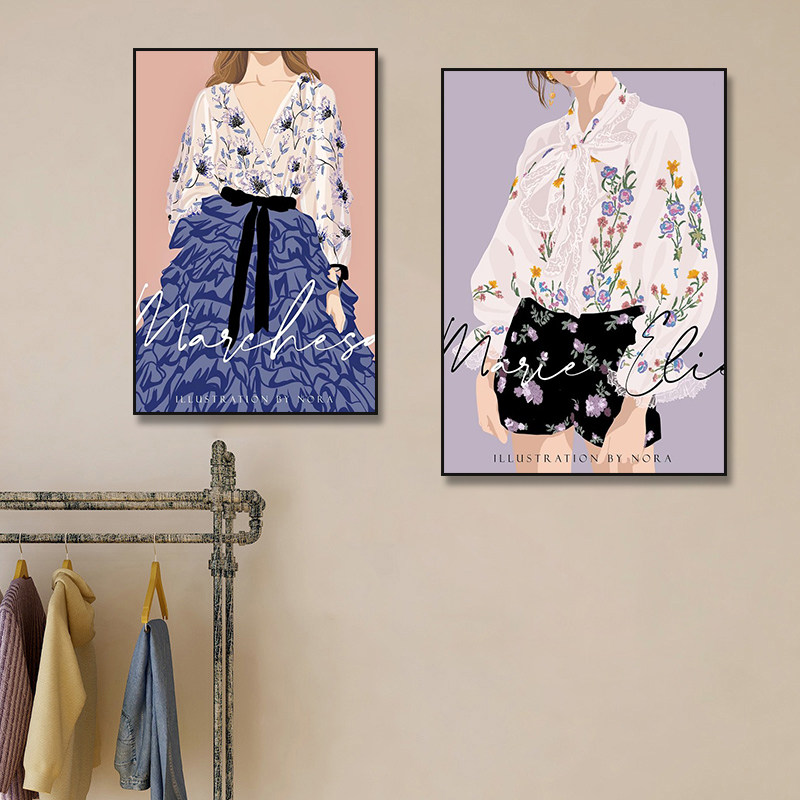 北欧时尚手绘插画装饰画鲜花包包人物挂画卧室服装店餐厅艺术壁画