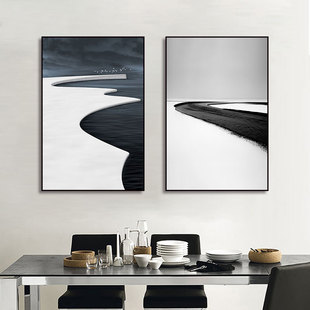黑白冰川装饰画客厅小众北欧简约挂画海岸雪景餐厅现代高级感壁画