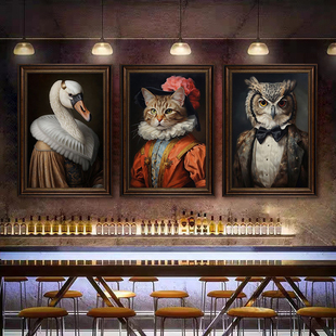 雪茄吧挂画美式复古酒吧装饰画海报欧式西餐厅酒馆狗狗动物肖像画